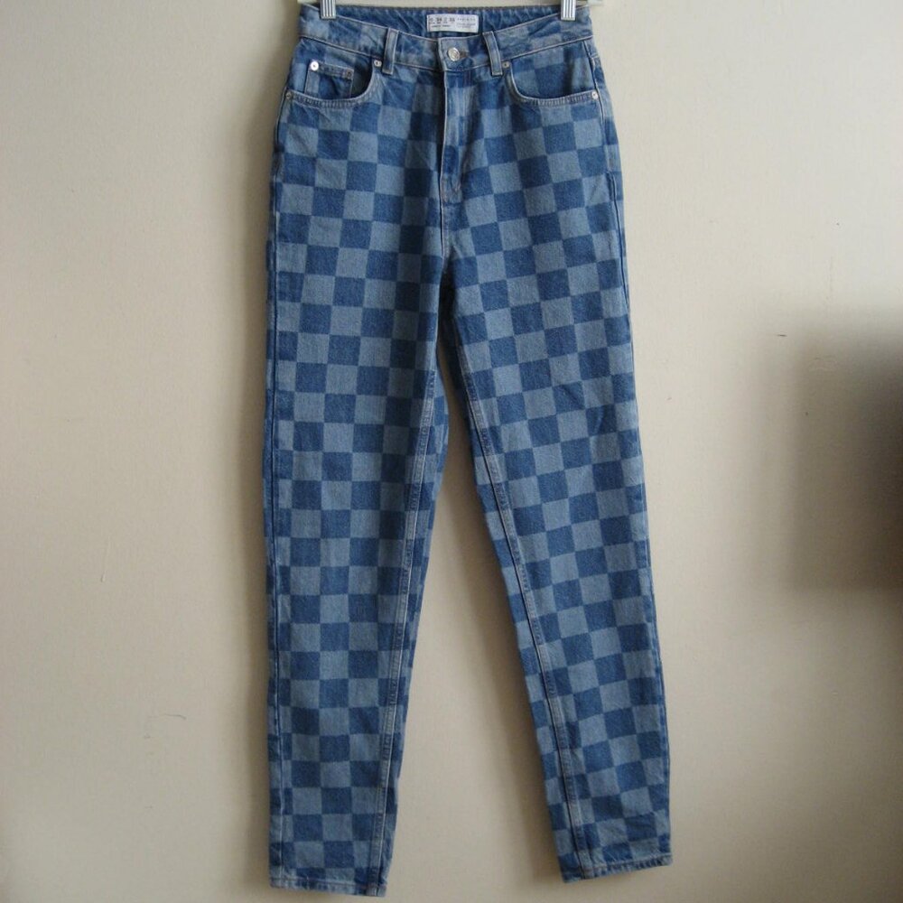 Checkered Straight Leg Slim Fit Denim Jeans, Women's Size 2, Blue